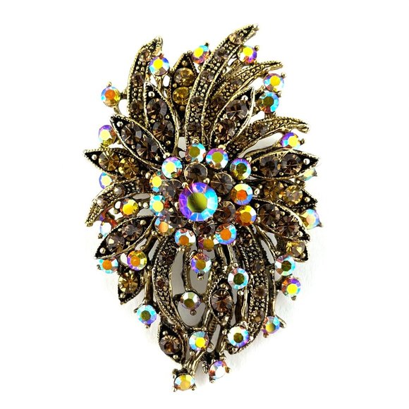 Vintage Brooch Pin Gold Tone Yellow Brown Rhinestones - Picture 1 of 4